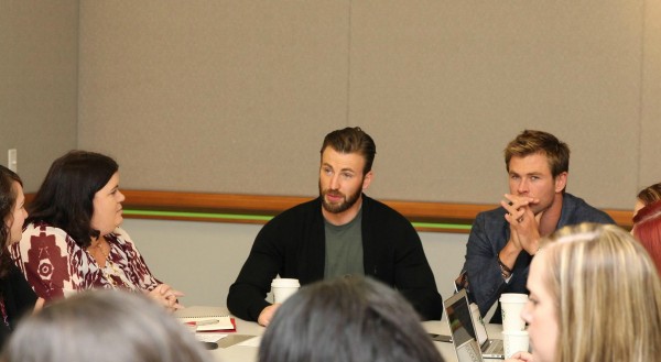 Chris Hemsworth and Chris Evans answering questions about Avengers: Age of Ultron  Photo Credit: Louise Bishop/Momstart.com