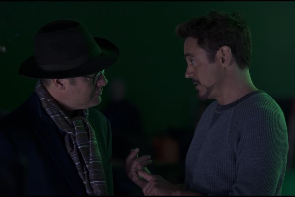 James Spader and Robert Downey, Jr. on the set of Avengers: Age of Ultron